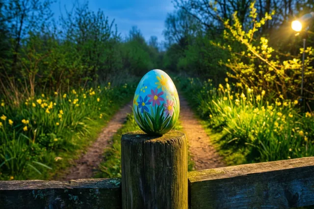 Een kleurrijk paasei met bloemmotieven balanceert op een verweerde houten weidepaal langs een zandpad door de heide, tussen groen en gele bloemen onder een schemerblauwe lucht.