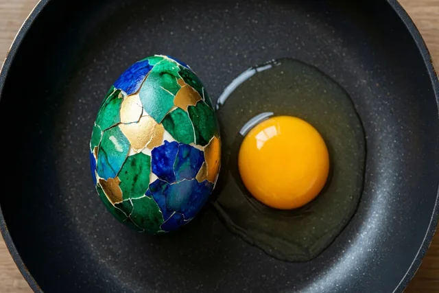 Een gebarsten beschilderd paasei met blauwe, groene en gouden scherven ligt naast een gele eidooier in een zwarte koekenpan op een houten oppervlak.