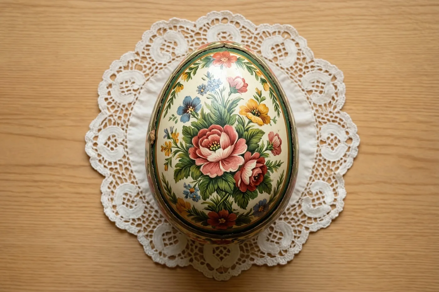 Een crèmekleurige paaseivormige doos van papier-maché met handgeschilderde roze, rode, gele en blauwe bloemen staat op een wit kanten kleedje op licht hout.