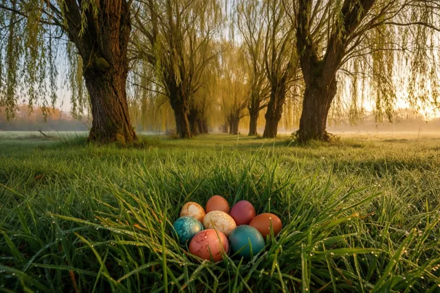Een groep gekleurde paaseieren ligt in bedauwd gras onder een rij knotwilgen op een mistige ochtend in warm goudkleurig licht.