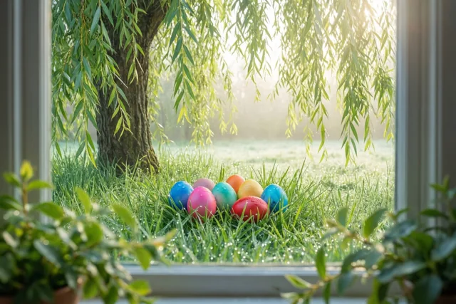Door een raam zijn gekleurde paaseieren in bedauwd gras onder hangende wilgentakken te zien, met kamerplanten op de voorgrond en warm ochtendlicht.
