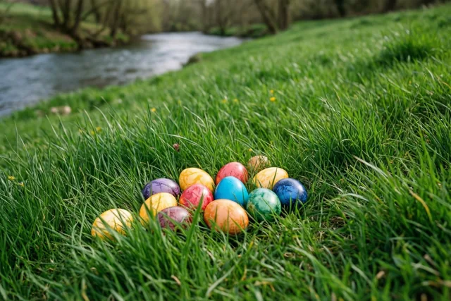 Een groep kleurrijke paaseieren ligt in het felgroene gras van een hellende weide die afloopt naar een rivier.