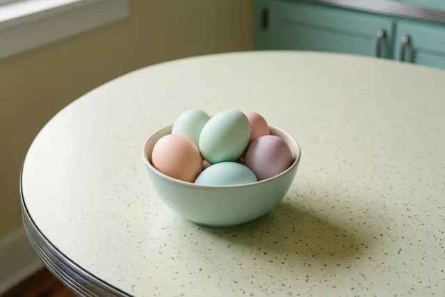 Een lichtgroene keramieken kom met paaseieren in pastelkleuren staat op een gespikkelde formicatafel in een keuken met lichtgroene kasten.