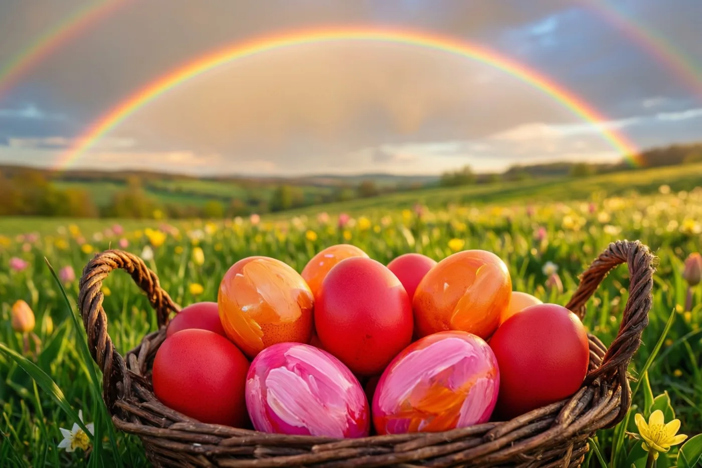 Een rieten mand met kleurrijk beschilderde paaseieren staat in een lenteweide met bloemen, onder een heldere regenboog boven glooiende groene heuvels.