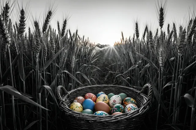 Een rieten mand met kleurrijk beschilderde paaseieren staat aan de rand van een veld jonge tarwe, met stralen van de ondergaande zon tussen de stengels.