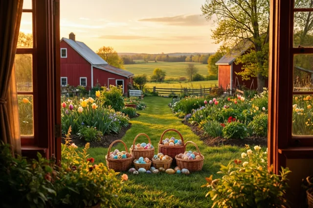 Door een raam is een boerderijtuin met kleurrijke tulpen en rieten manden versierde paaseieren te zien, met rode schuren en groene velden bij zonsondergang.