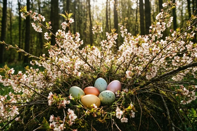 Kleurrijke paaseieren liggen in een nest van mos en takjes tussen de bloeiende takken van een wilde kersenboom aan de bosrand, in zacht gevlekt zonlicht.