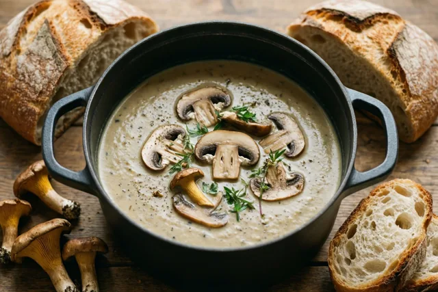 Een zwarte pot romige paddenstoelensoep met plakjes paddenstoel en verse kruiden staat op een houten tafel tussen sneden krokant brood en hele bospaddenstoelen.