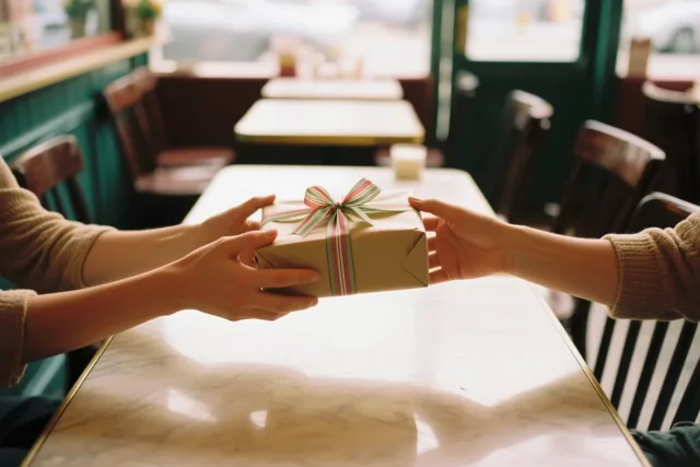 Twee handen geven een cadeau in bruin papier met een gestreept lint door boven een marmeren cafétafel in zacht warm licht.
