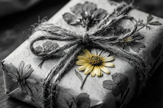 Een cadeau in papier met structuur is versierd met geperste bloemen en touw, waarbij één gele bloem kleur heeft in een verder monochroom beeld.