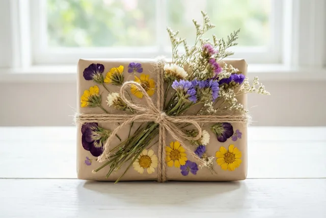 Een rechthoekig cadeau in bruin papier met touw en geperste gele, paarse en witte bloemen ligt op wit hout bij een licht raam.