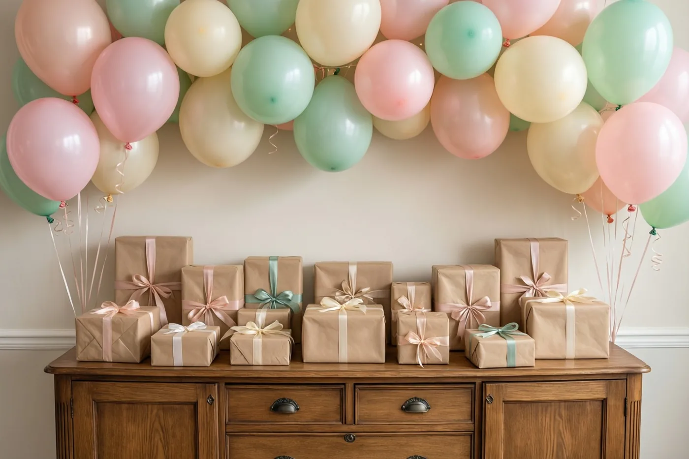 Op een houten dressoir staan veel cadeaus in kraftpapier met pastelkleurige linten onder een dichte slinger van pastelballonnen tegen een effen muur.