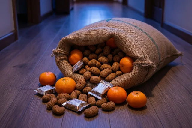 In een schemerige gang met koelblauw licht liggen pepernoten, mandarijnen en kleine in folie verpakte pakjes uit een omgevallen jutezak op de houten vloer.