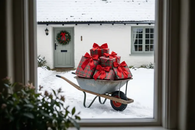 Door een raam met een groene plant op de voorgrond is een kruiwagen te zien met cadeaus in geruit papier en grote rode strikken, in de sneeuw voor een deur met een krans.