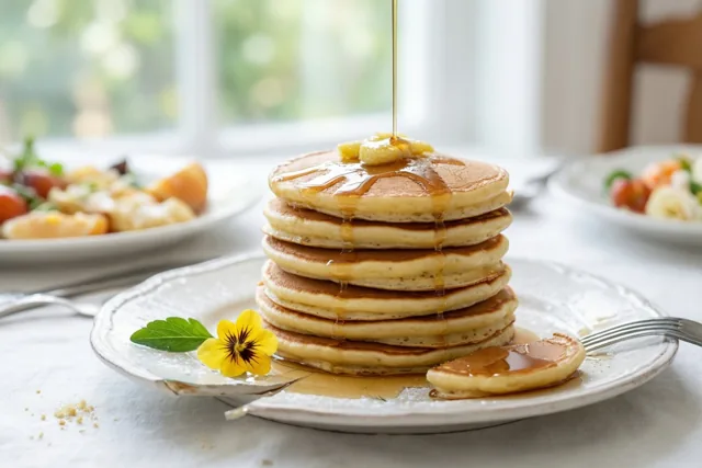 Siroop wordt over een hoge stapel goudgele pannenkoeken op een wit bord gegoten, met een gele bloem en een vork erbij en onscherpe borden met fruit op de achtergrond.
