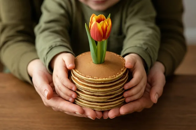 Kinderhanden bieden een stapel pannenkoeken met een tulp bovenaan aan volwassen handen aan, boven een houten tafel in warm licht.