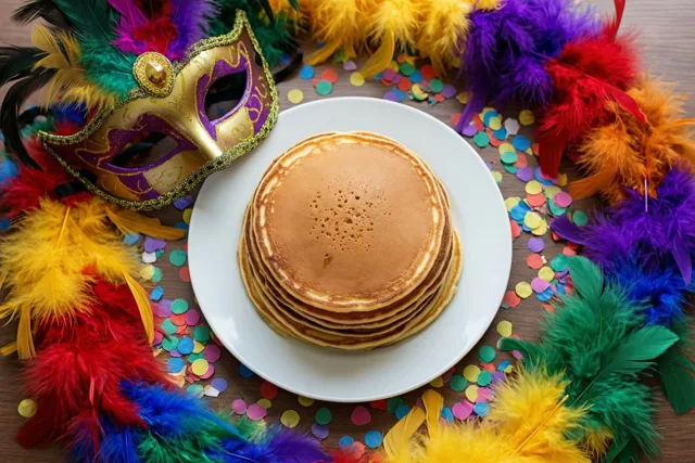Een stapel goudbruine pannenkoeken ligt op een wit bord op een houten tafel met confetti, gekleurde veren en een carnavalsmasker met gouden en paarse accenten.