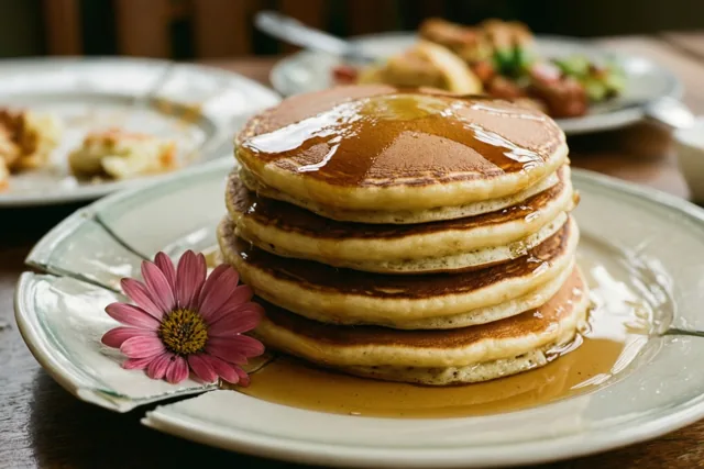 Een stapel goudgele pannenkoeken met siroop ligt op een bord met een gebroken rand naast een roze bloem op een houten tafel.