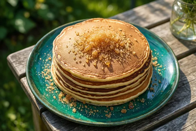 Een stapel goudbruine pannenkoeken met bruine suiker ligt op een blauwgroen bord op een houten tuintafel in fel zonlicht, met groen op de achtergrond.