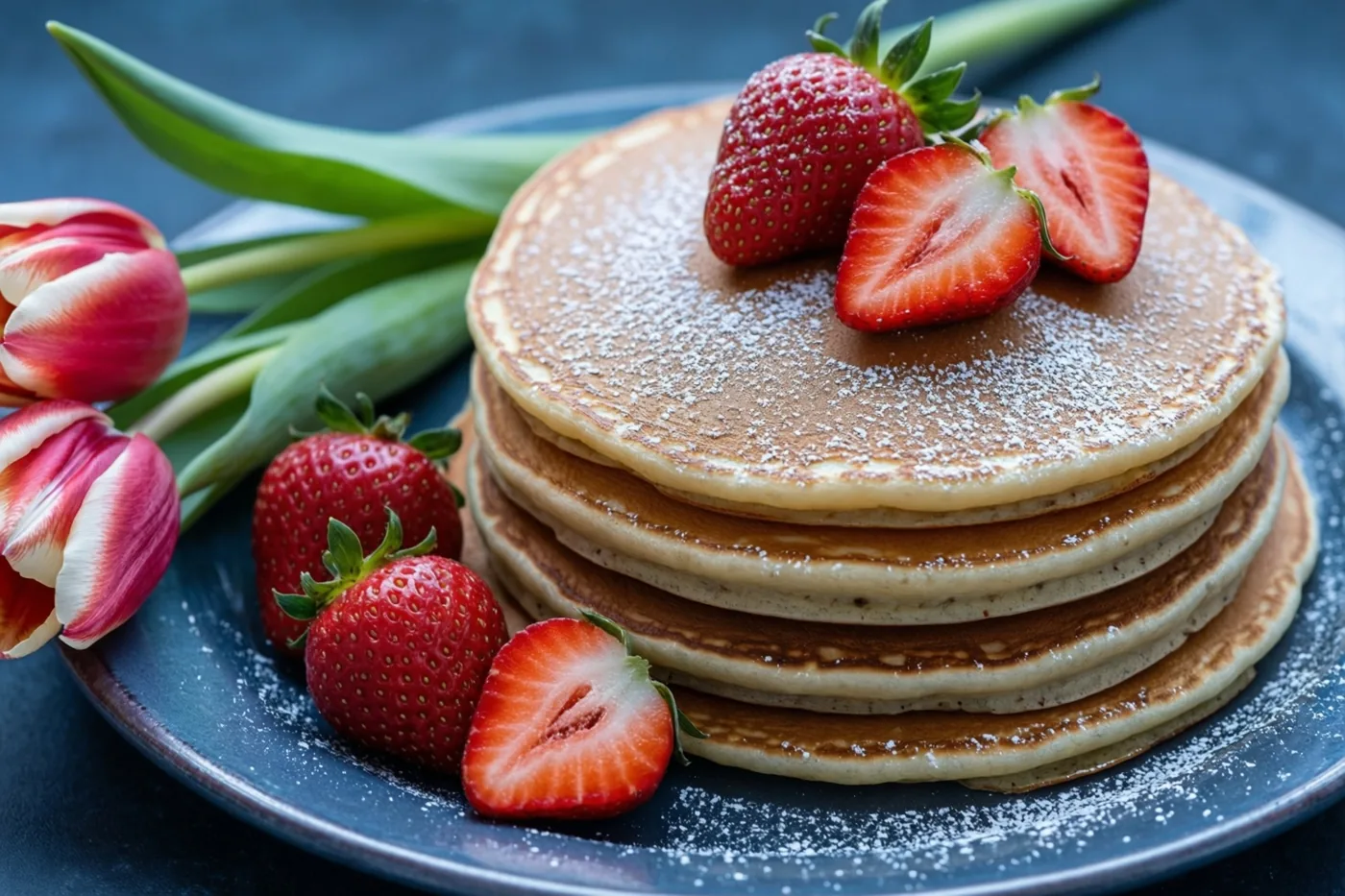 Een stapel pannenkoeken met poedersuiker en aardbeien staat op een donkerblauw bord bij hele en gesneden aardbeien en rood-witte tulpen tegen een donkerblauwe achtergrond.