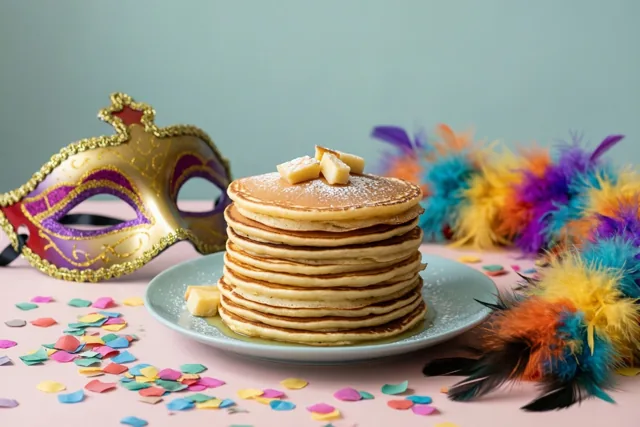 Goudkleurige pannenkoeken met boter en poedersuiker liggen op een lichtblauw bord op een roze oppervlak, naast confetti, een carnavalsmasker en een verenboa tegen een zacht blauwgroene achtergrond.