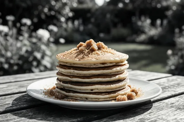 Een hoge stapel goudbruine pannenkoeken met bruine suiker ligt op een wit bord op een verweerde houten tuintafel, met een zonnige tuin onscherp op de achtergrond.