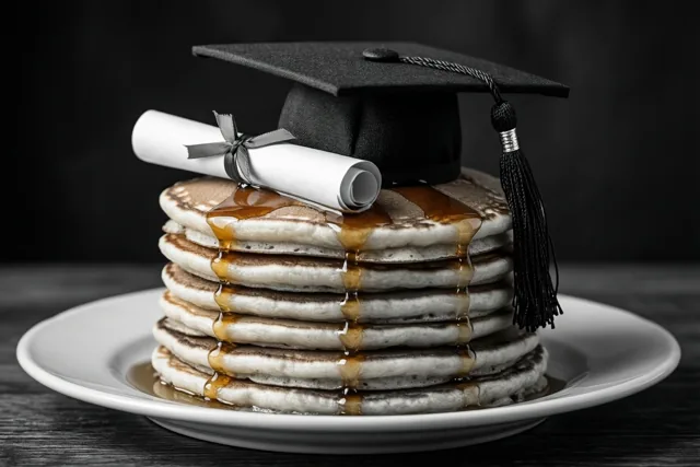 Een hoge stapel pannenkoeken met afdruipende stroop, een klein afstudeerhoedje en een opgerold diploma staat op een wit bord tegen een donkere achtergrond.
