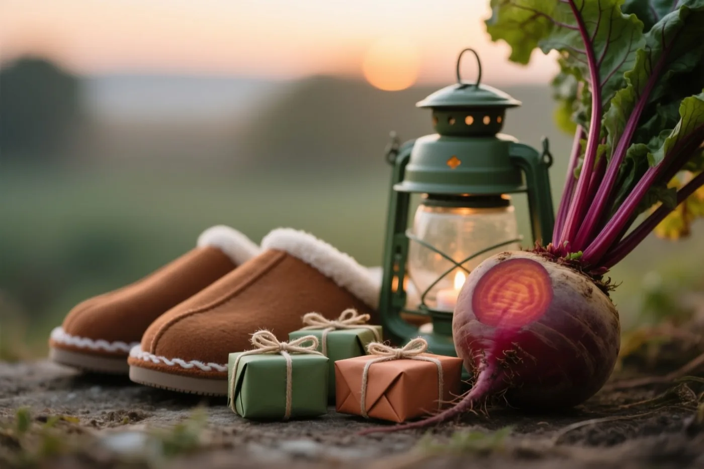 Bruine pantoffels met een witte bontrand staan buiten naast twee ingepakte cadeautjes, een grote suikerbiet met bladeren en een brandende groene lantaarn bij het ochtendgloren.