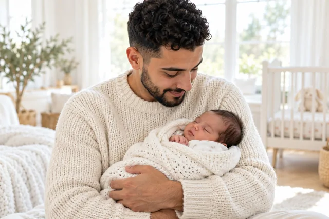 Een Marokkaans-Belgische vader in een trui kijkt liefdevol naar zijn pasgeboren dochter, die hij in een witte gebreide deken in zijn armen houdt.