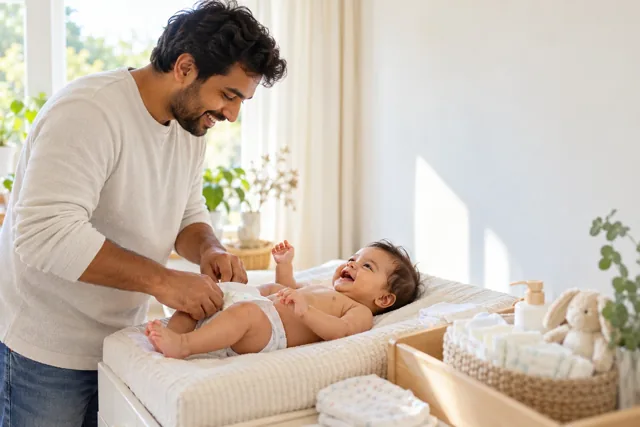Een Indiase vader ververst voorzichtig de luier van zijn baby op een verzorgingstafel, terwijl ze allebei glimlachen in warm licht binnenshuis.