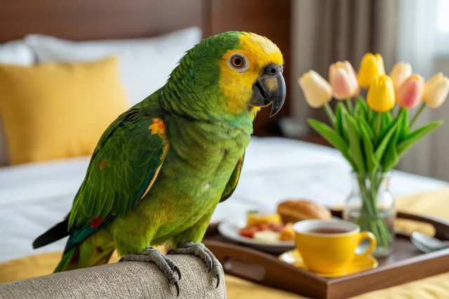 Een groen-gele papegaai zit op een hoofdbord met structuur boven een houten dienblad met een gele theekop, een bord eten en een vaasje kleurrijke tulpen.