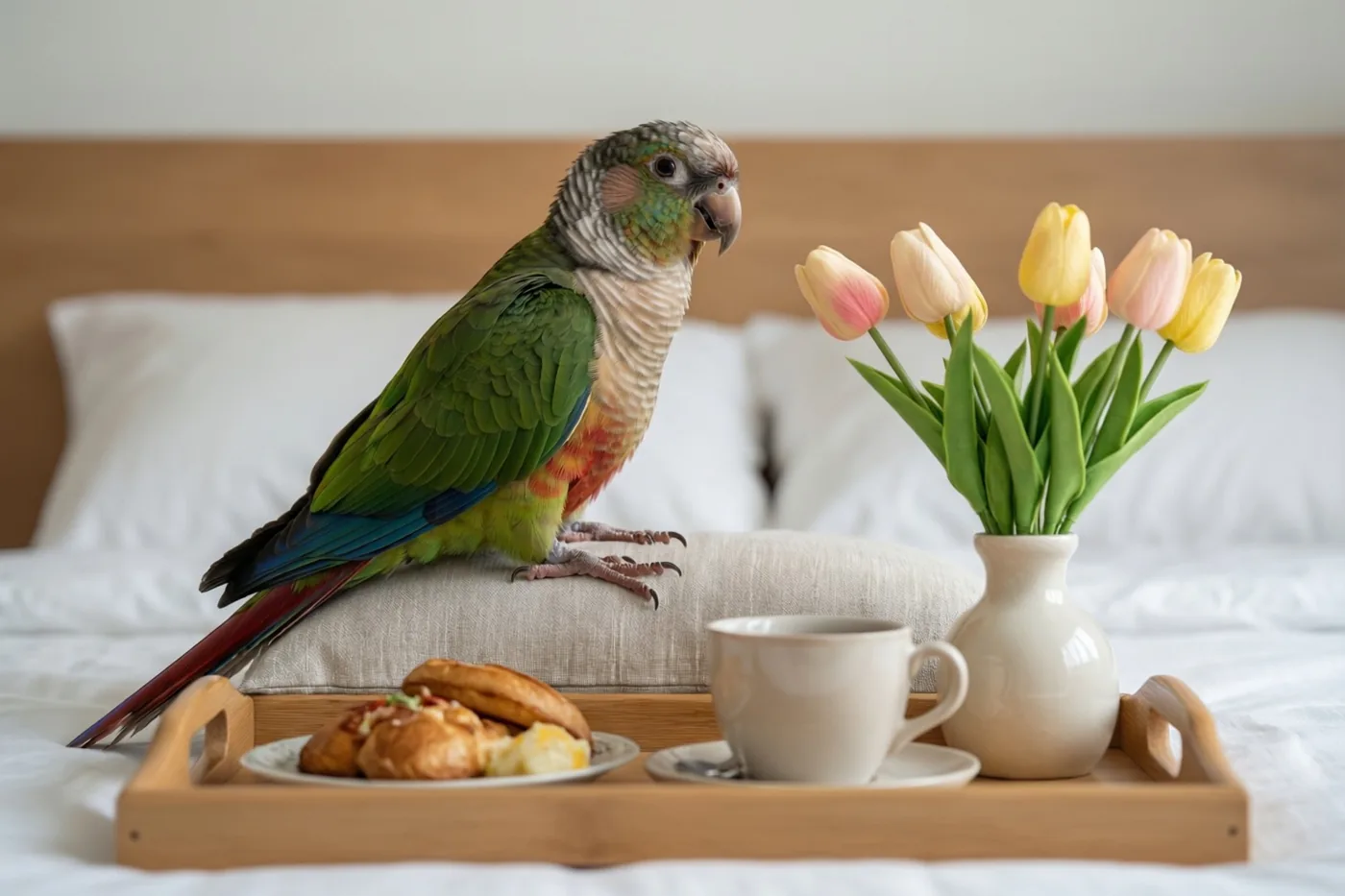 Een kleurrijke papegaai zit op een licht houten hoofdbord boven een houten dienblad met ontbijt, thee en tulpen op een bed met wit beddengoed.
