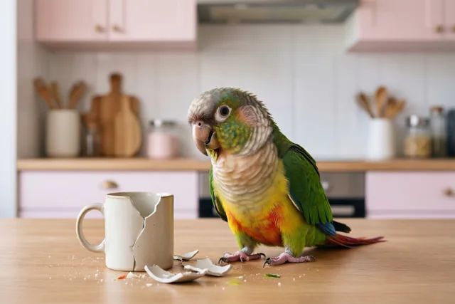 Een kleurrijke papegaai staat met een schuin gehouden kop naast een gebroken witte mok op een houten keukenblad, in een keuken met roze kasten.