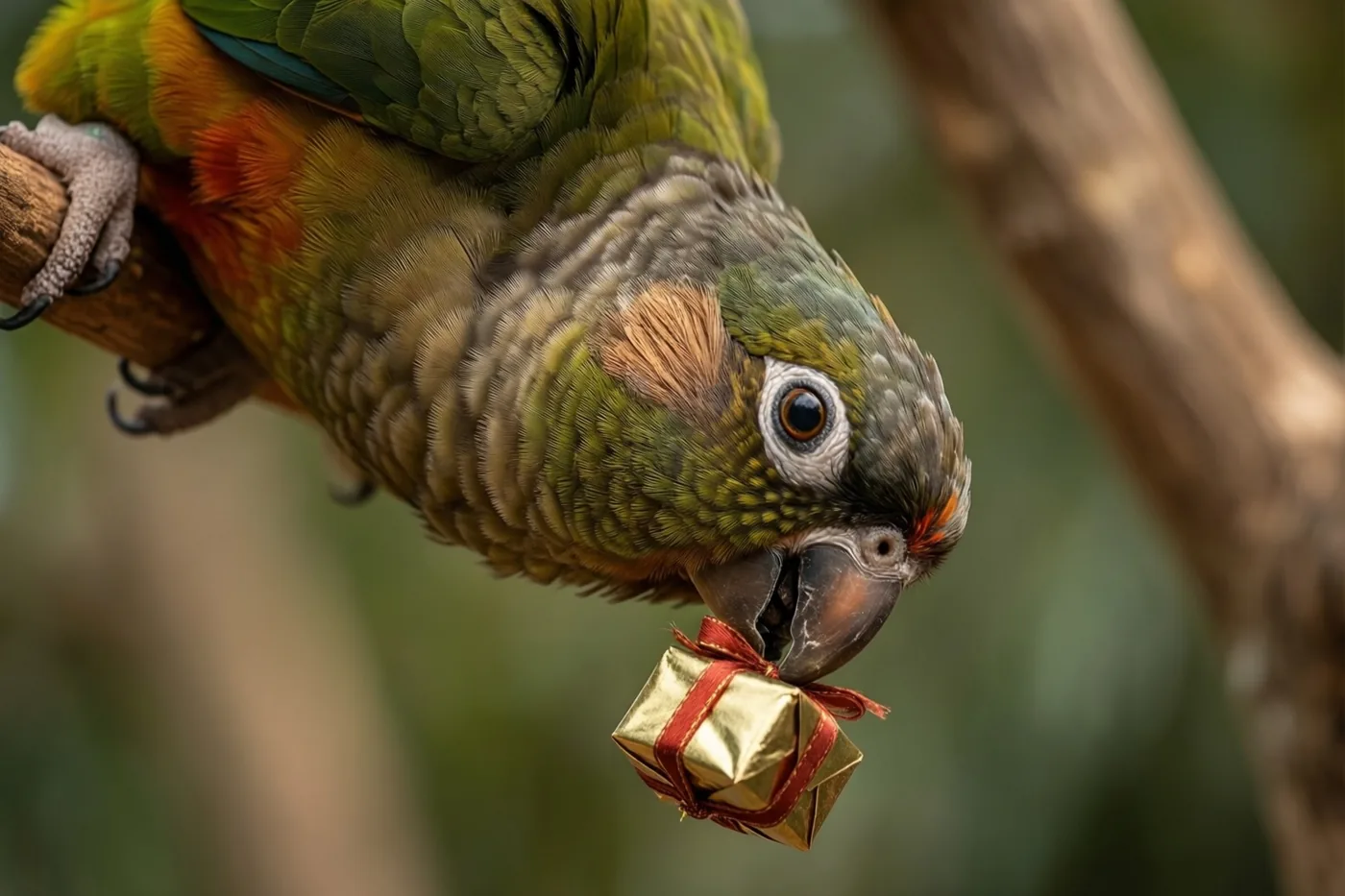Een kleurrijke papegaai hangt ondersteboven aan een tak met een gouden cadeautje met rood lint in zijn snavel, voor een wazige groenbruine achtergrond.