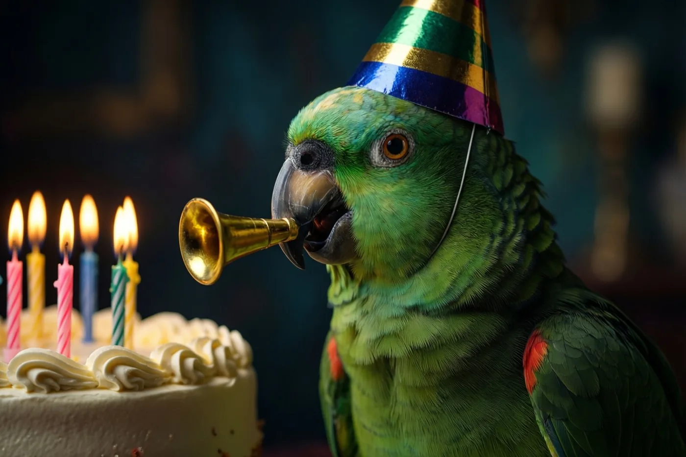 Een groene papegaai met een kleurrijk feesthoedje blaast op een gouden toeter naast een verjaardagstaart met brandende kaarsen tegen een donkere, onscherpe achtergrond.
