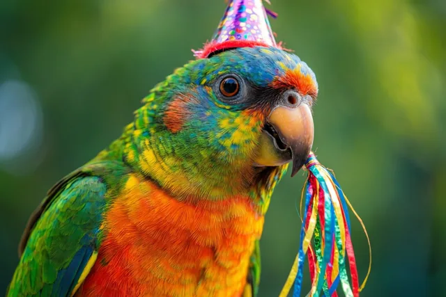 Een papegaai met groene, oranje en blauwe veren draagt een klein feesthoedje en houdt een veelkleurige slinger in de snavel tegen een onscherpe groene achtergrond.