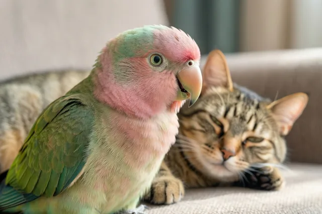 Een papegaai met een roze kop zit vooraan op een zetel, met een rustig liggende gestreepte kat erachter in zacht daglicht.