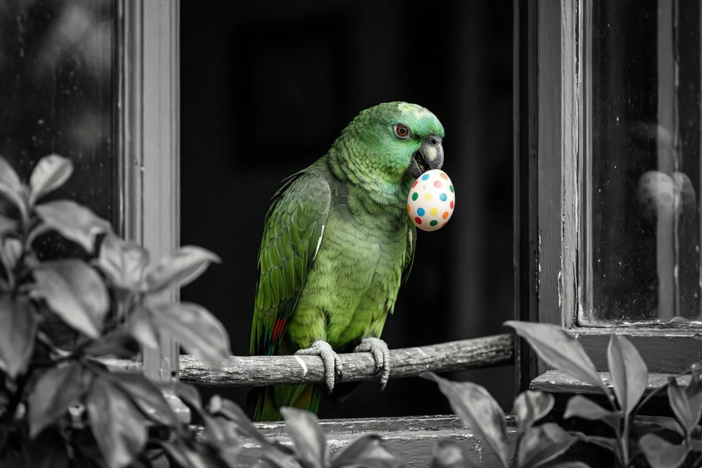 Een groene papegaai zit op een houten tak met een kleurrijk gestippeld paasei in zijn snavel, tegen een donker raamkozijn met zwart-witte bladeren op de voorgrond.