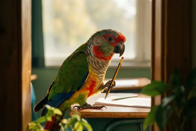 Een papegaai met groene, rode en gele veren zit op een houten bureau bij een raam en houdt een geslepen potlood in zijn poot in zacht daglicht.