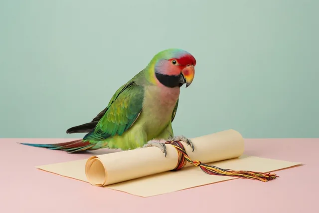 Een kleurrijke papegaai zit op een opgerold diploma met een kwastje en lijkt aan het lint te trekken, op een roze oppervlak tegen een lichtgroene achtergrond.