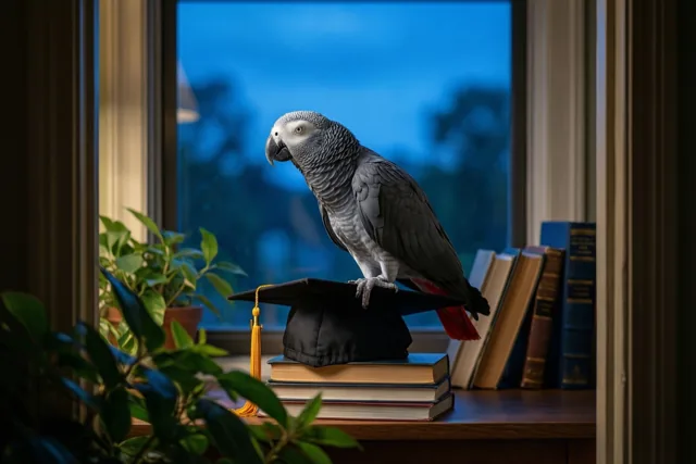 Een grijze papegaai zit op een afstudeerhoed boven op boeken op een houten vensterbank, met planten rondom en een blauwe avondlucht buiten.