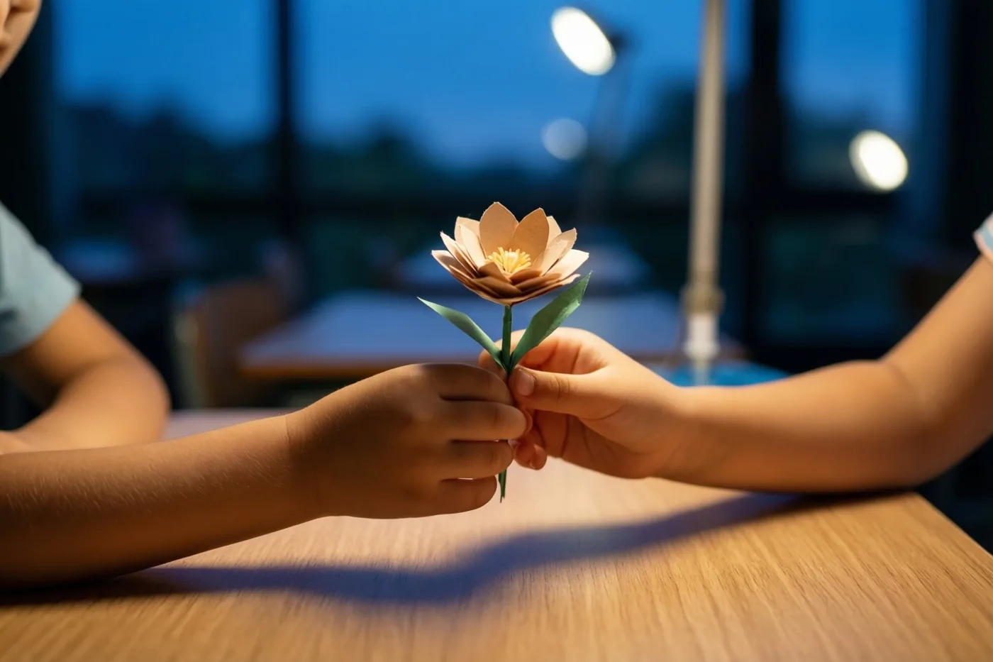 Twee kleine handen houden een zelfgemaakte papieren bloem boven een houten bureau, binnen in de schemering met warm licht en een blauwe achtergrond.