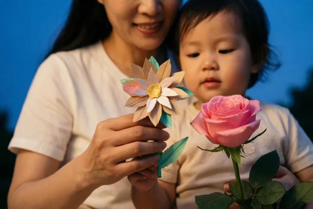 Een moeder houdt een door een kind gemaakte papieren bloem vast terwijl er een echte roze roos naast wordt gehouden, tegen een schemerblauwe achtergrond.