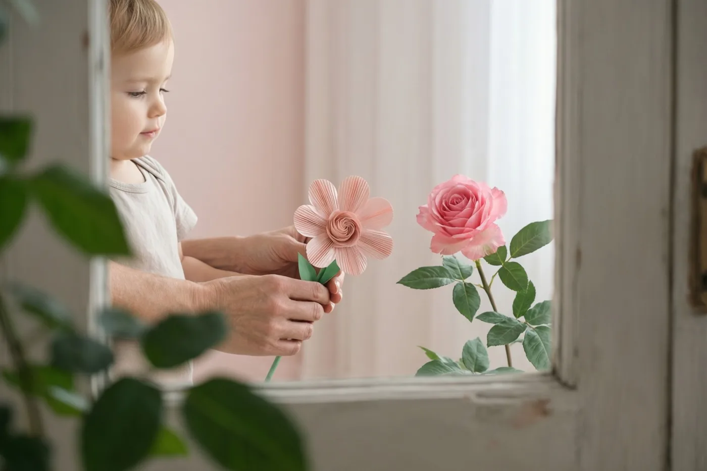 Een jong kind houdt een zelfgemaakte papieren bloem vast die door volwassen handen wordt ondersteund, naast een echte roze roos op een vensterbank.
