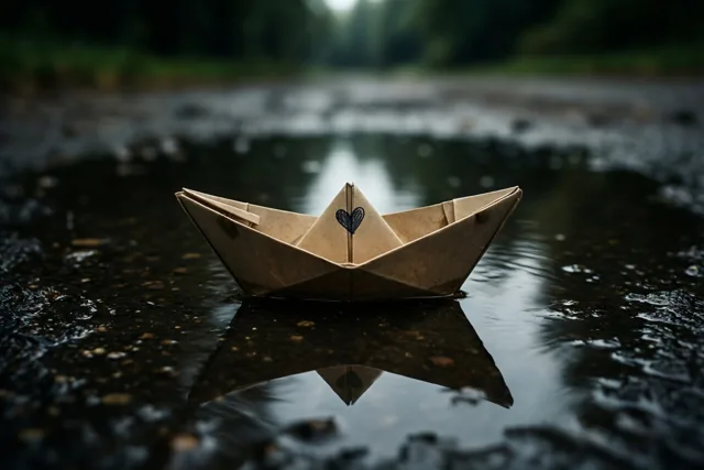 Een papieren bootje met een getekend hart op het zeil drijft in een ondiepe plas en weerspiegelt in het water, in gedempt licht en aardetinten.