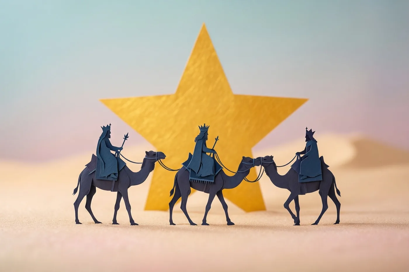 Drie uit papier geknipte silhouetten van koningen op kamelen trekken achter elkaar door een zanderige woestijn, met een grote gouden ster achter hen tegen een zacht verlopende lucht.