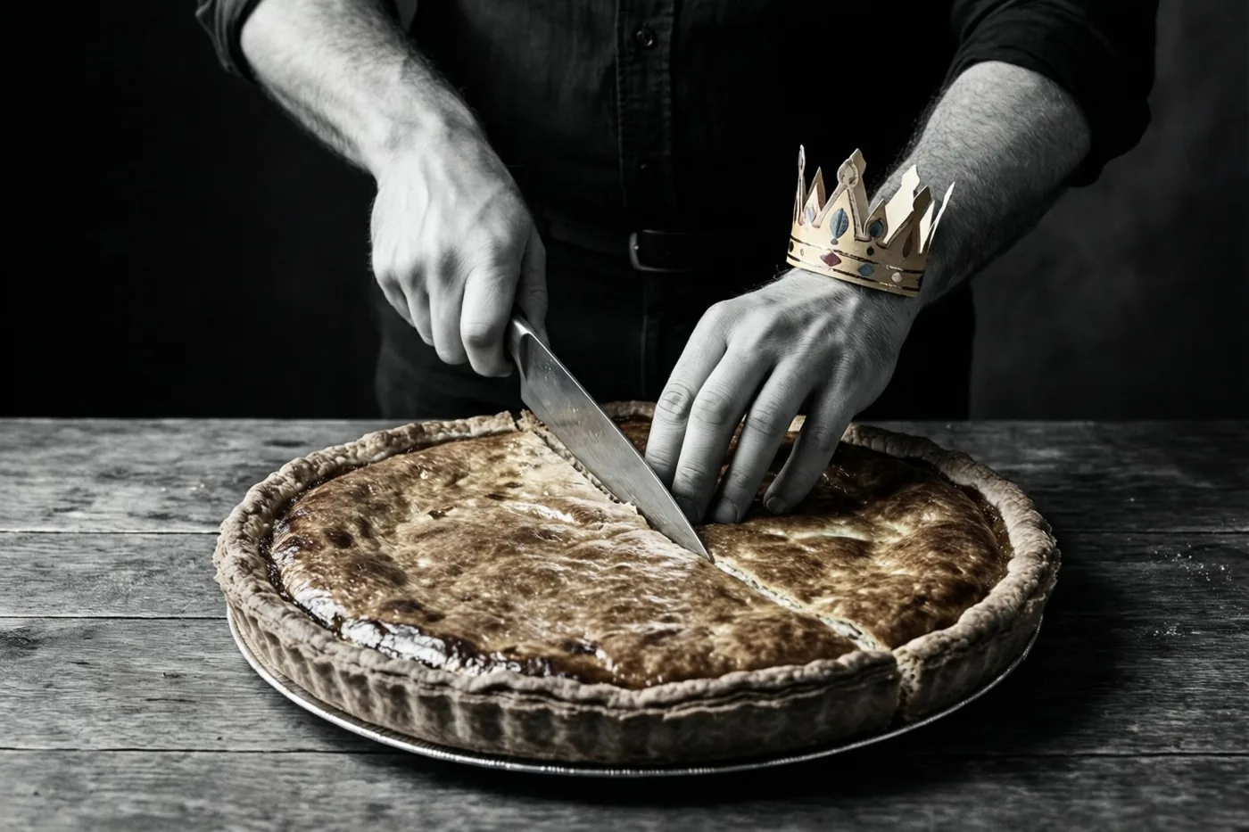 Mannenhanden snijden een grote galette aan op een houten tafel, op een zwart-witfoto waarop alleen de papieren kroon om de pols in kleur is.