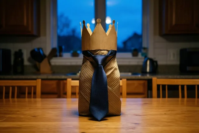 Een das in bruin papier met een papieren kinderkroon ligt op een houten keukentafel, met een schemerblauwe lucht door het keukenraam op de achtergrond.