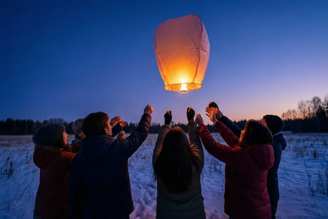 Een groep vrienden laat, van achteren gezien, een lichtgevende papieren lantaarn los boven een besneeuwd veld onder een blauw-paarse schemerhemel.