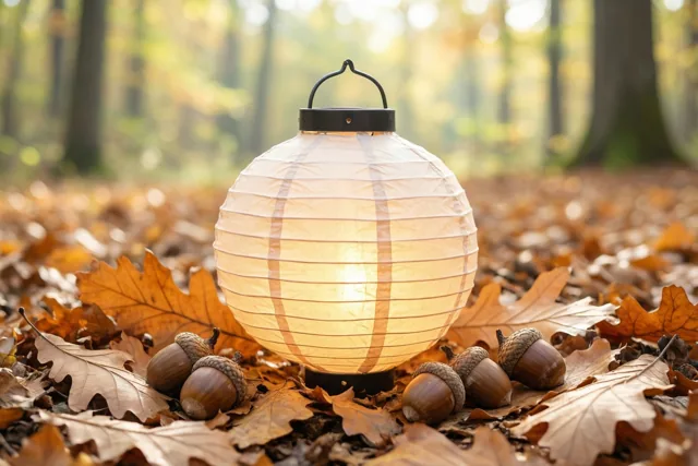 Een brandende papieren lantaarn staat tussen gevallen eikenbladeren en eikels in een herfstbos met gouden, bruine en crèmekleurige tinten.